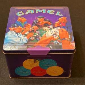 Vintage 1994 Joe Camel Poker Set Collectible Tin with Chips and Playing Cards